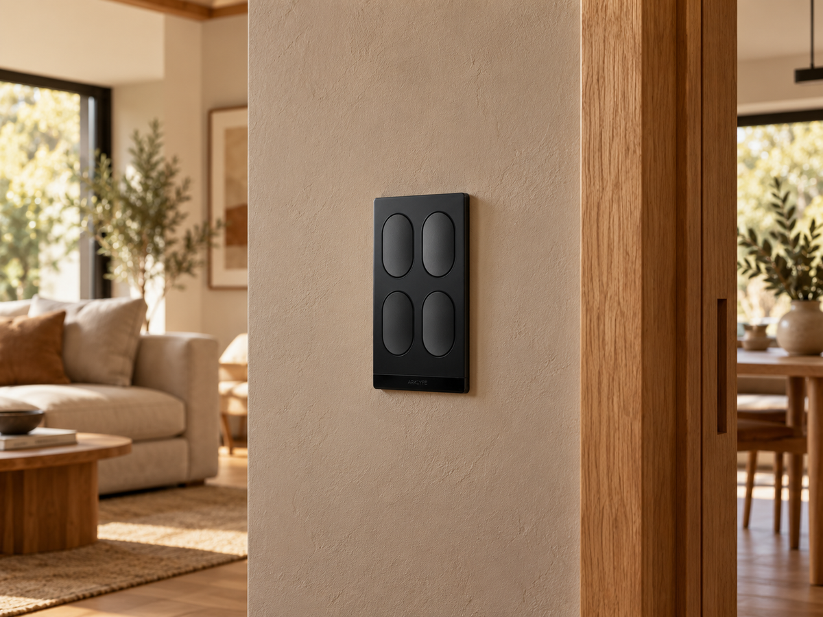 Black four-button StellarTrack switch on a warm plaster wall beside oak and linen finishes.