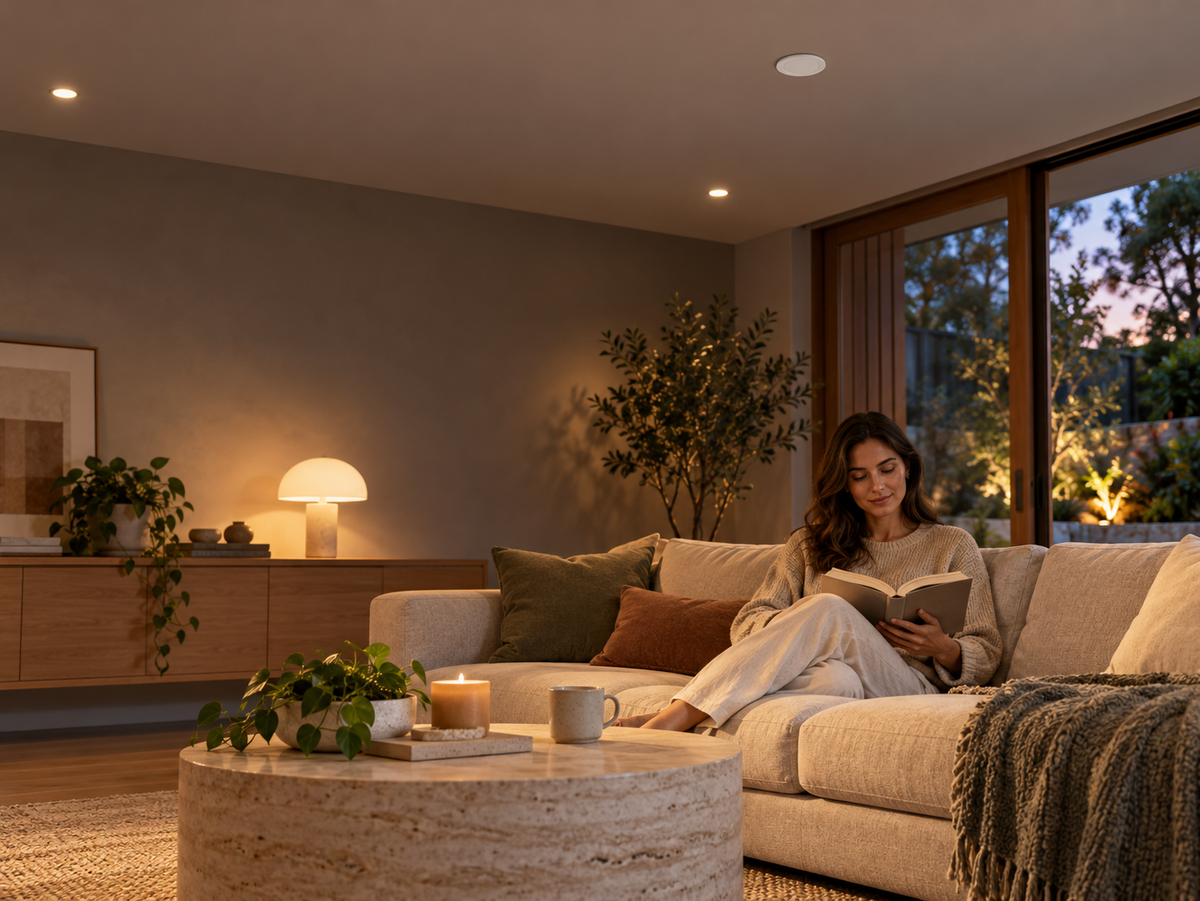 A person reading on a sofa in a warmly lit living room with a small ceiling-mounted presence sensor.