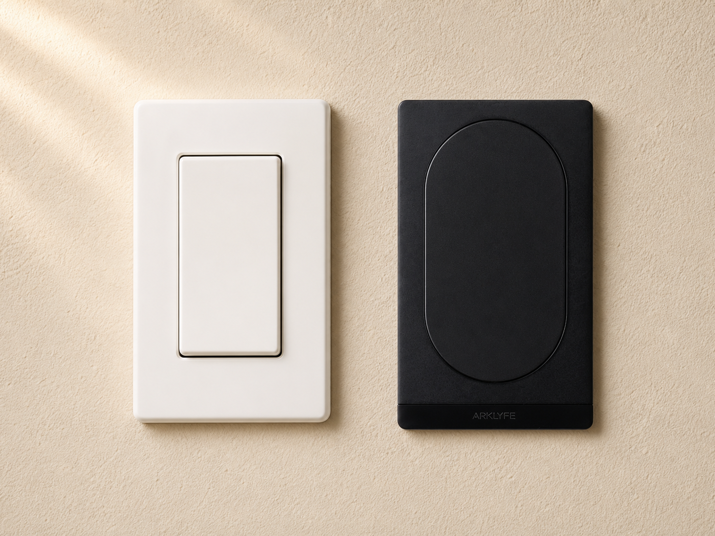 Side-by-side comparison of a white traditional Clipsal-style smart switch and a matte black Arklyfe Matter smart switch on a warm cream Australian plaster wall
