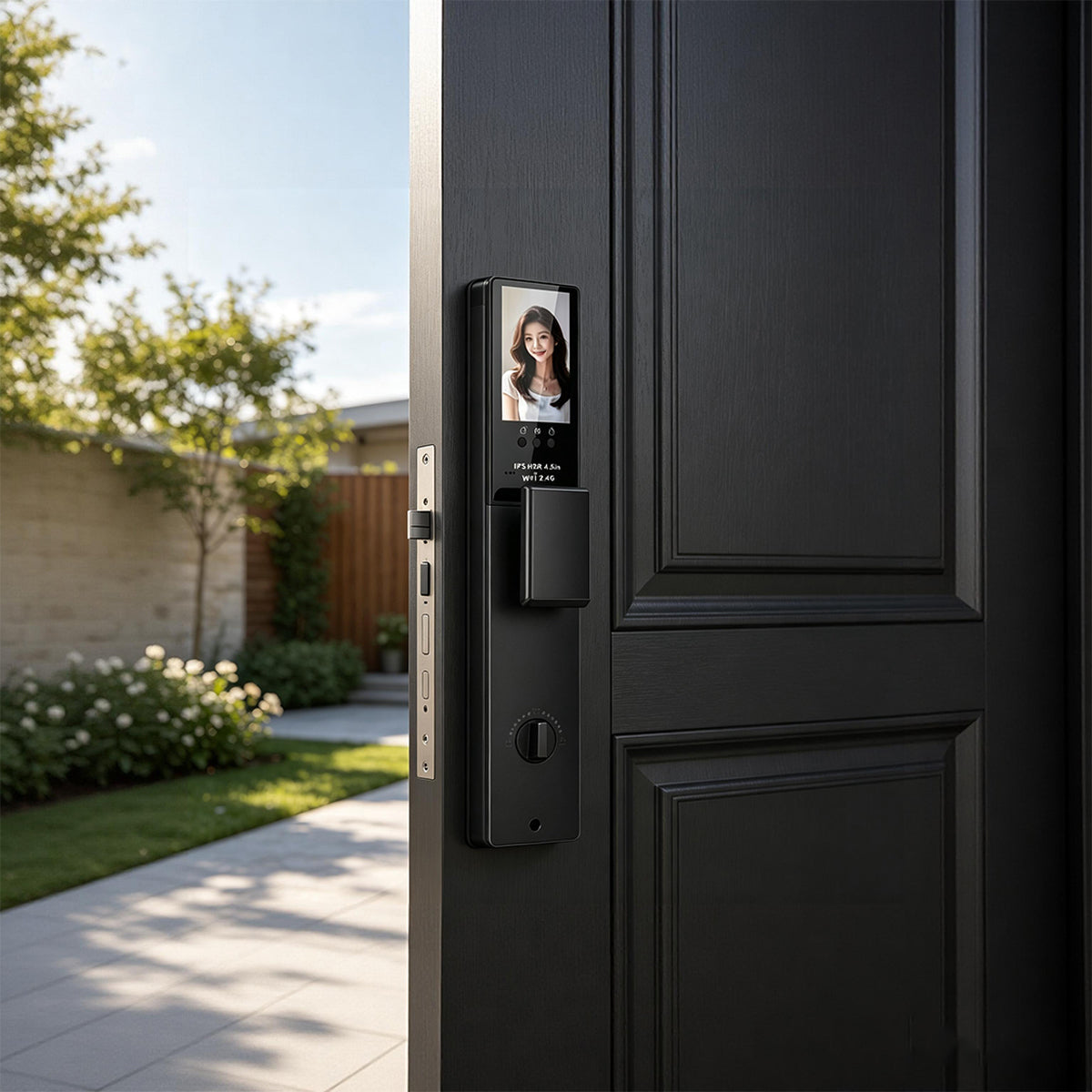 K11 smart lock installed on a dark contemporary entry door