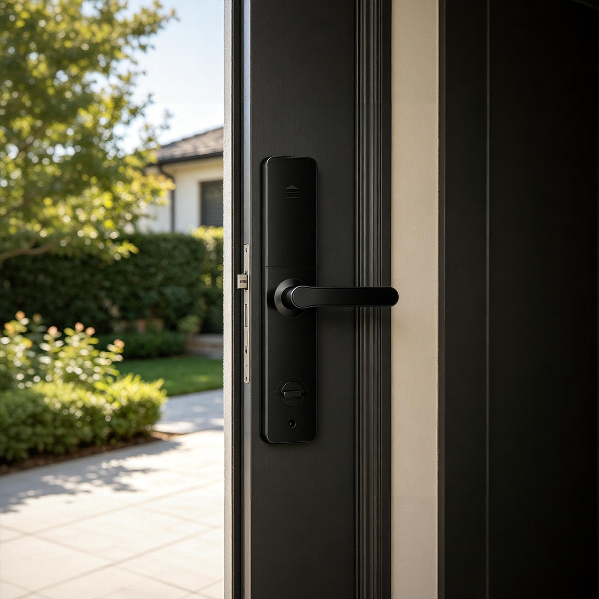 TTS-06 Bluetooth smart lever lock installed on a sheltered dark entry door