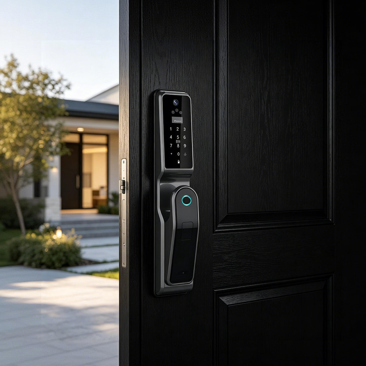 JINK Door Lock P8 exterior panel installed on a black residential entrance door