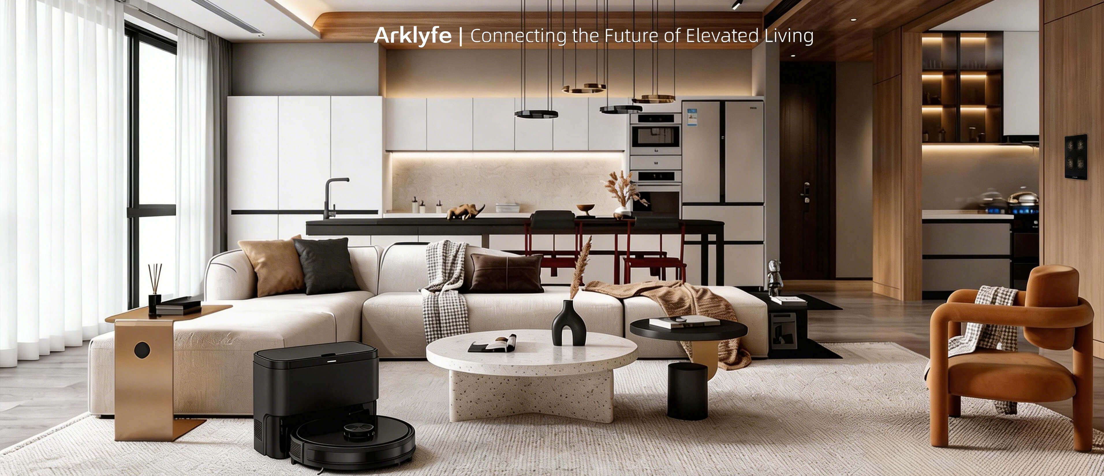 Arklyfe premium smart home living space with automated curtains and connected devices | Arklyfe Australia