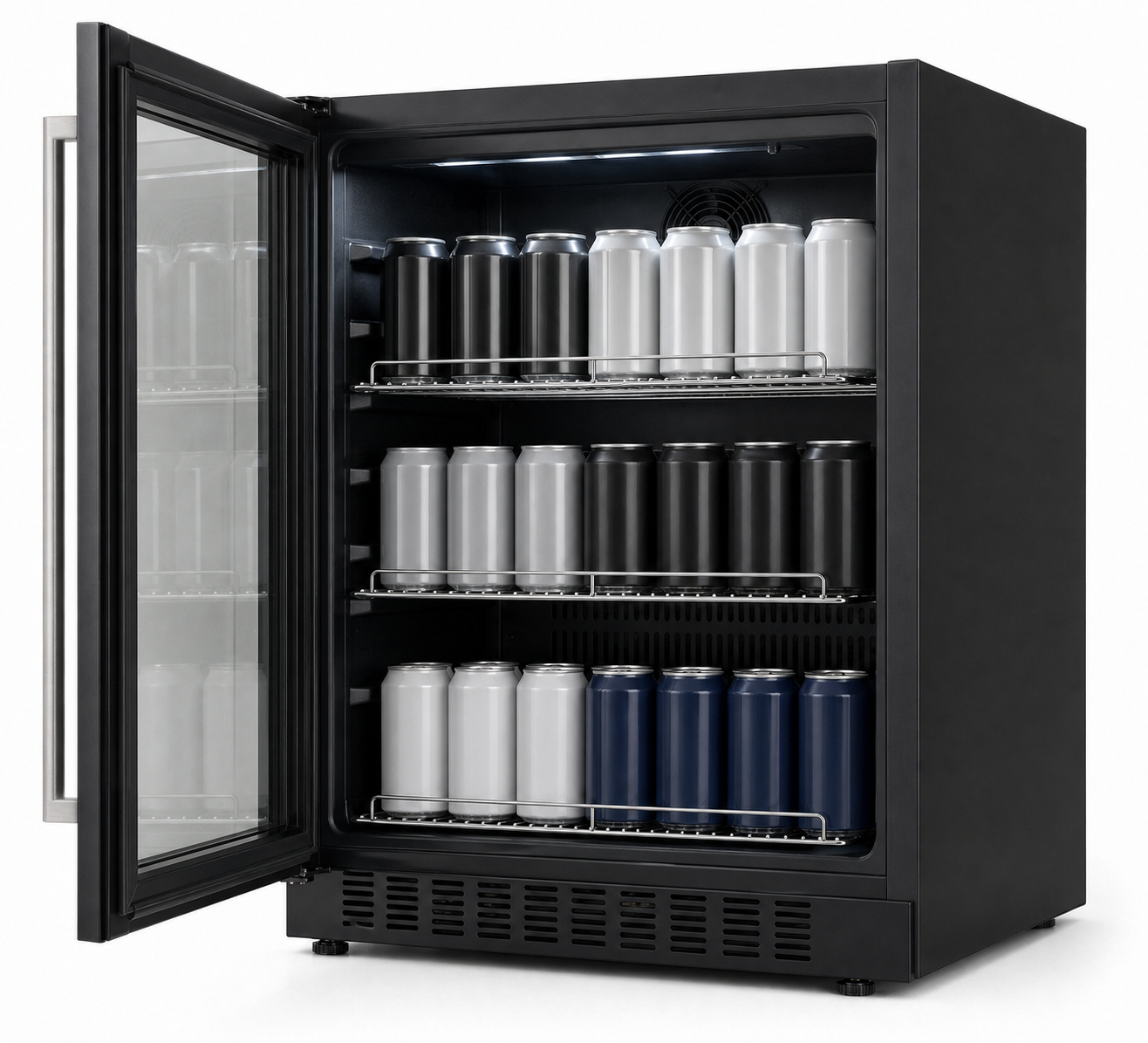 Arklyfe ATLAN Under Counter Beverage Cooler — illustrative detail render of the open door showing 3 chrome wire shelves stacked with cans