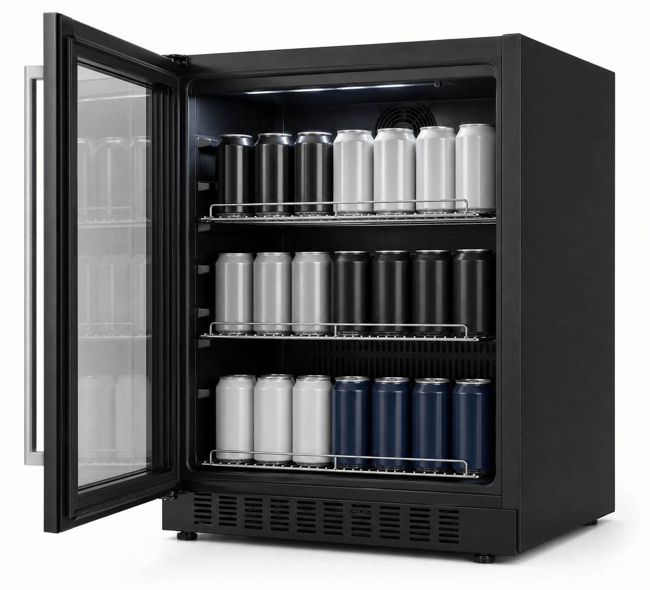 Arklyfe ATLAN Under Counter Beverage Cooler — illustrative detail render of the open door showing 3 chrome wire shelves stacked with cans
