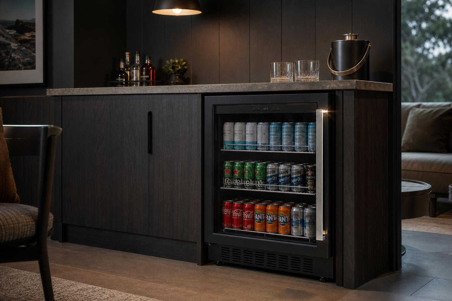 Arklyfe ATLAN Under Counter Beverage Cooler — illustrative lifestyle render in a contemporary Australian entertaining bar
