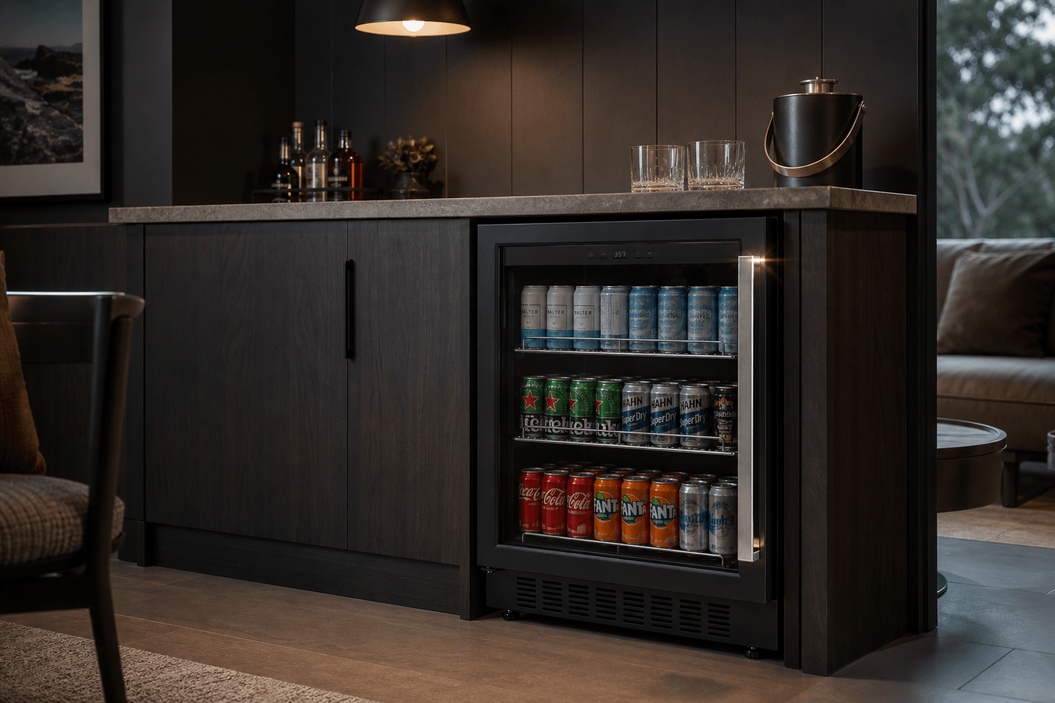 Arklyfe ATLAN Under Counter Beverage Cooler — illustrative lifestyle render in a contemporary Australian entertaining bar