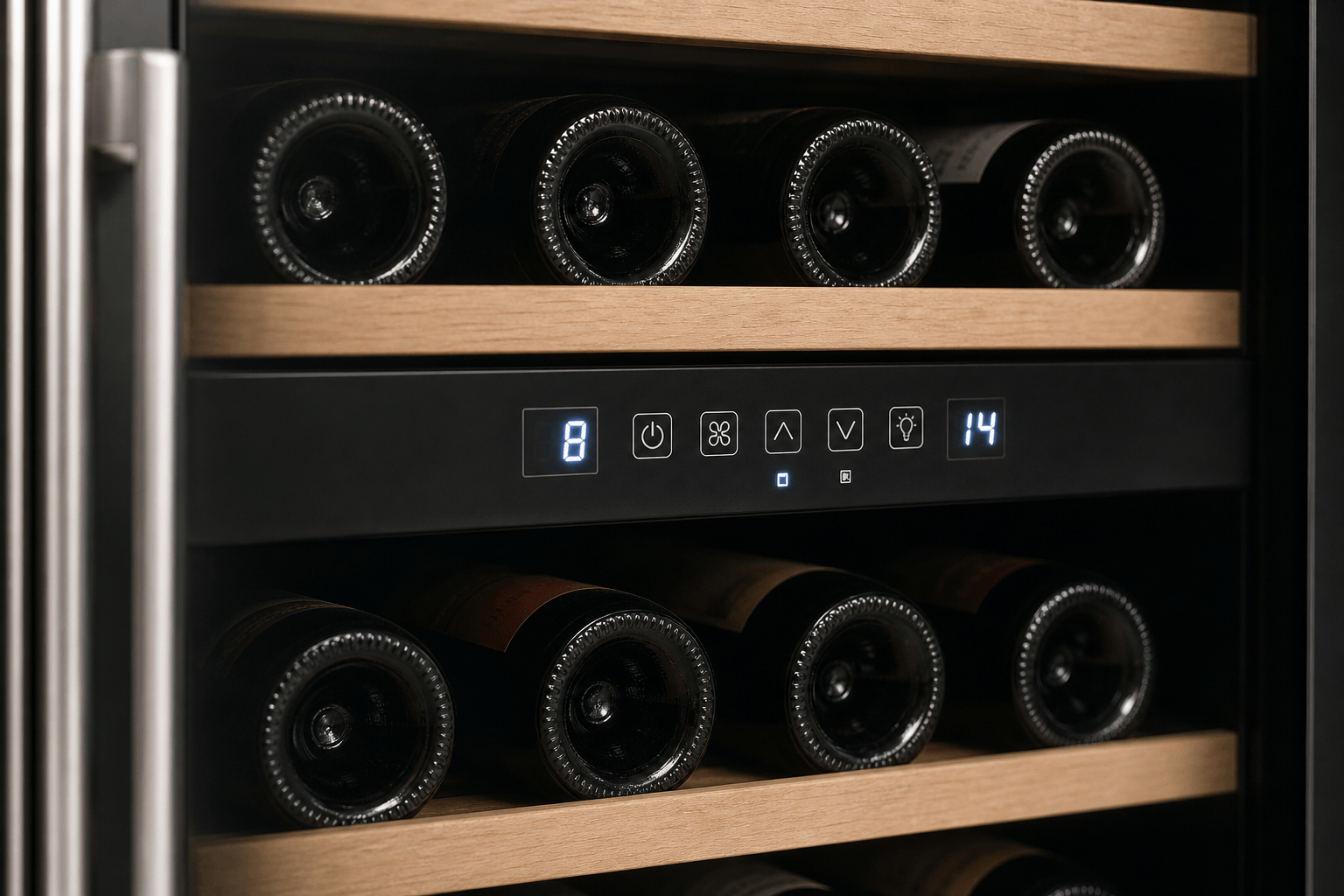 Arklyfe ATLAN Dual Zone Under Counter Wine Cooler — illustrative detail render of the middle touch-panel divider
