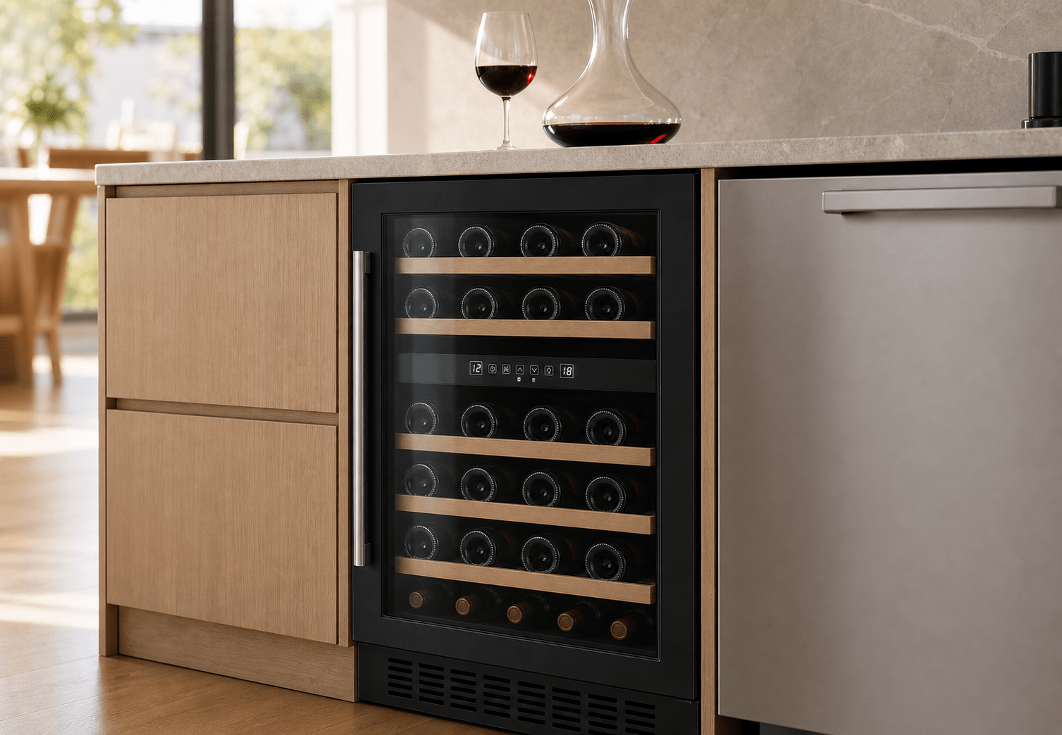 Arklyfe ATLAN Dual Zone Under Counter Wine Cooler — illustrative lifestyle render integrated under a contemporary Australian kitchen benchtop