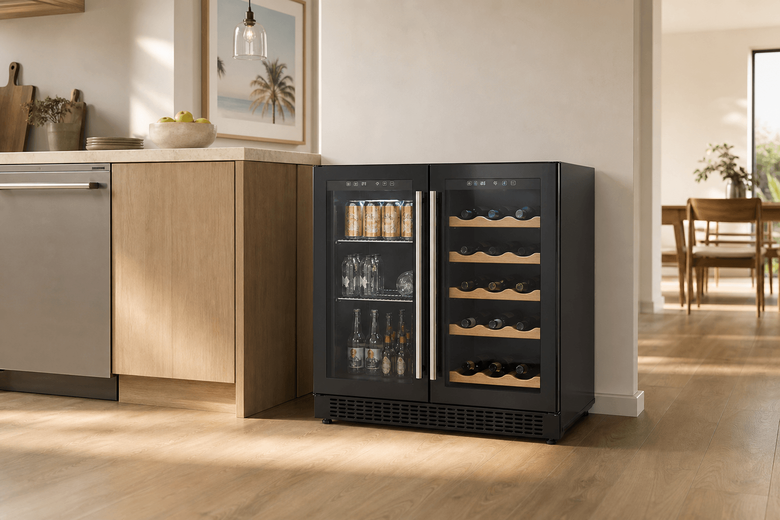 Arklyfe Dual Zone Wine & Beverage Cooler — illustrative lifestyle render in a contemporary Australian kitchen