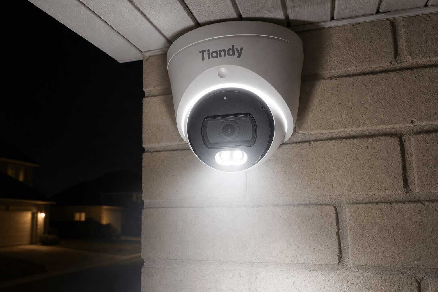 Arklyfe Starlight Guard Metal Conch 6MP — illustrative detail render of the white-light intruder alert active at night under an Australian eave