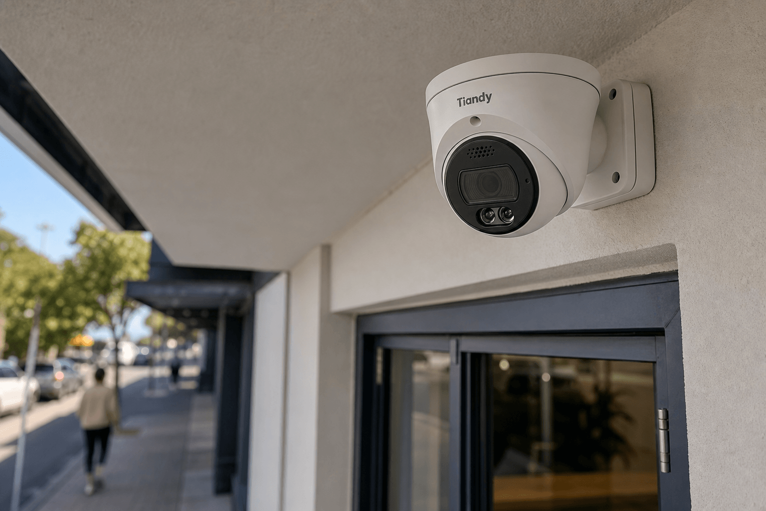 Arklyfe Starlight Guard Metal Conch 8MP — illustrative lifestyle render of the camera installed above an Australian small commercial premises entry