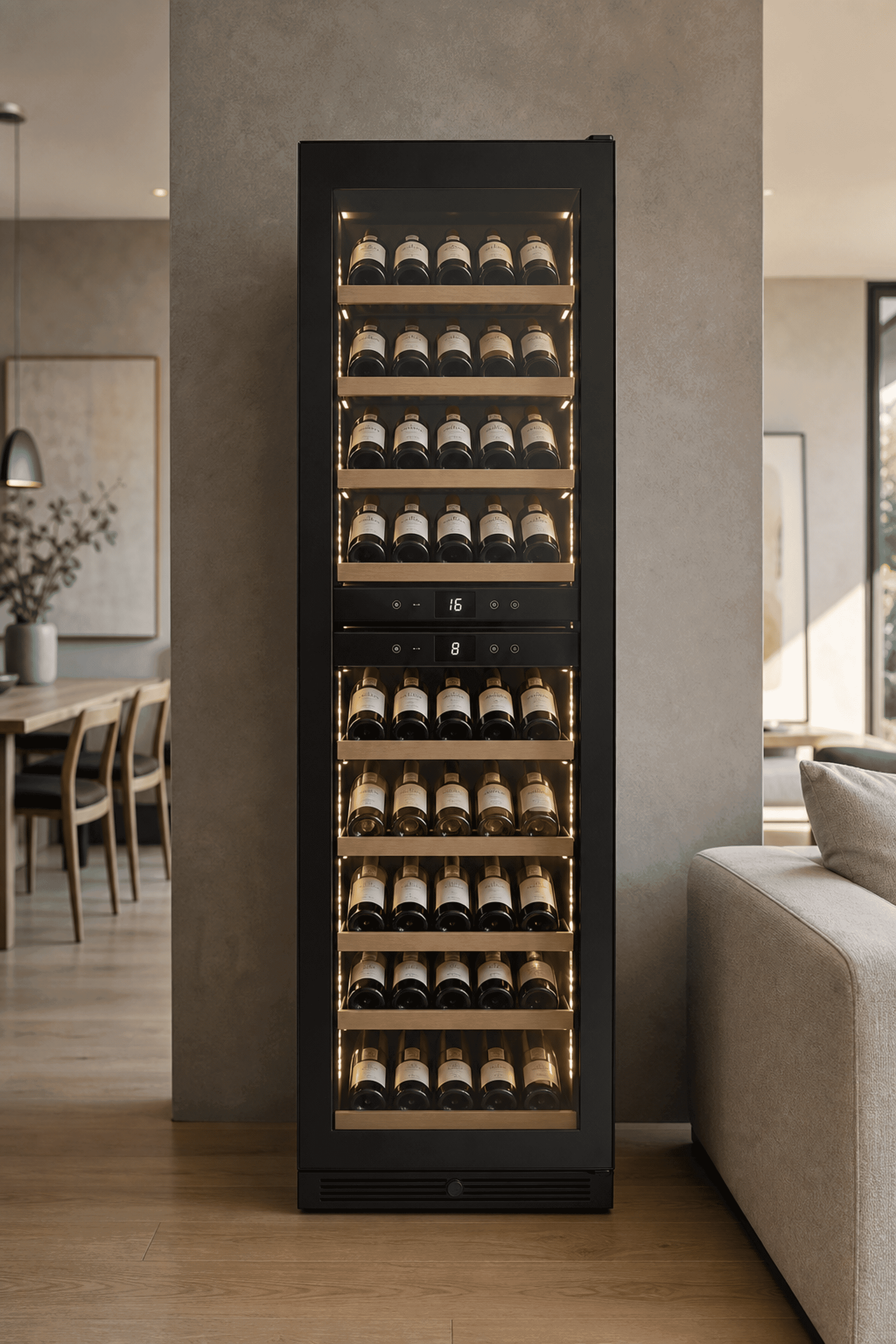 Arklyfe Large Capacity Dual Zone Wine Cooler — tall freestanding 171-bottle 415L dual-zone wine cooler in a contemporary Australian living-and-dining room, illustrative product render