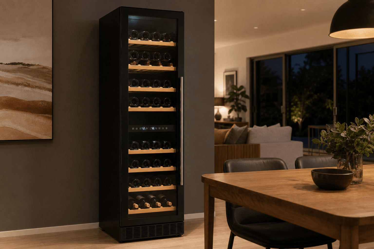 Arklyfe Large Capacity Dual Zone Wine Cooler — illustrative lifestyle render in a contemporary Australian living-and-dining room