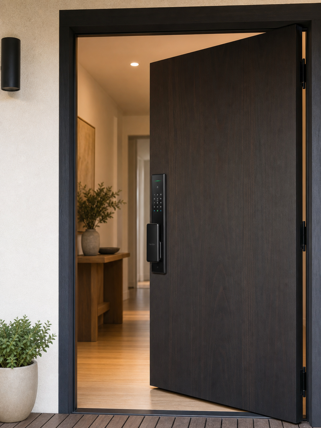 Arklyfe Smart Lock A5 – installed on a charcoal timber front door of an Australian home | Arklyfe Australia