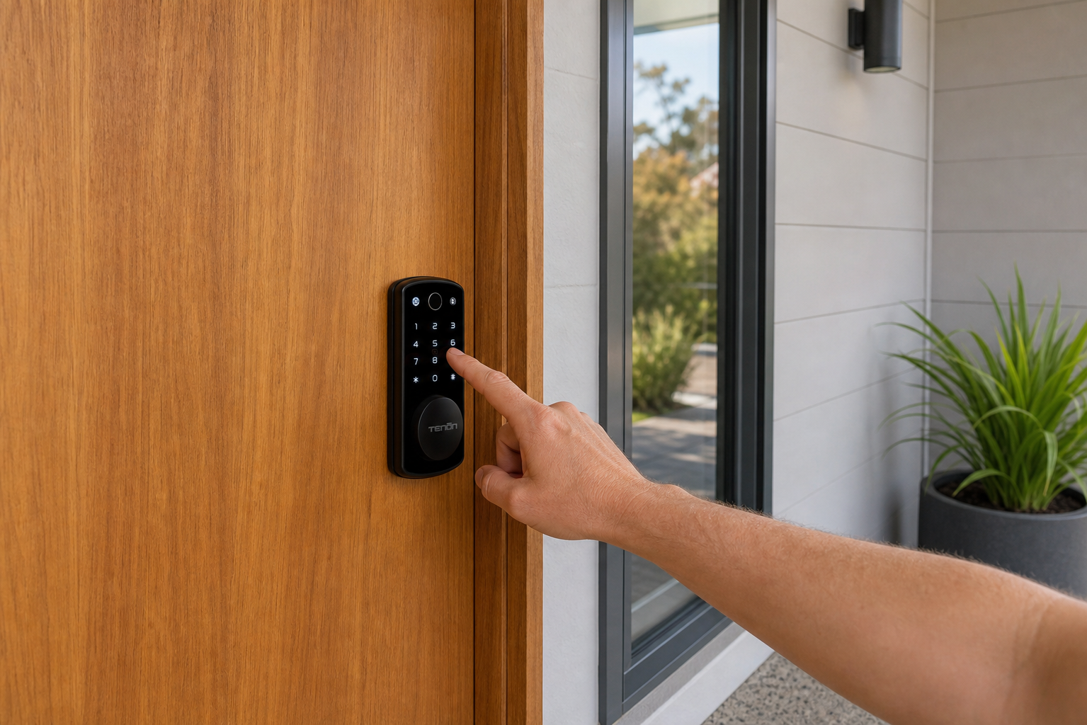 Arklyfe Smart Lock K7 – installed on an Australian timber front door, entering a keypad code | Arklyfe Australia