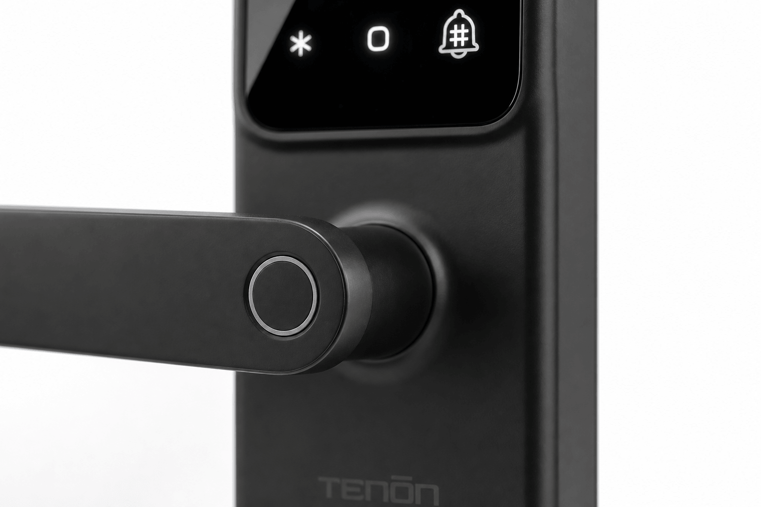 Arklyfe Smart Lock K8 – close-up of the fingerprint sensor in the lever-handle collar | Arklyfe Australia