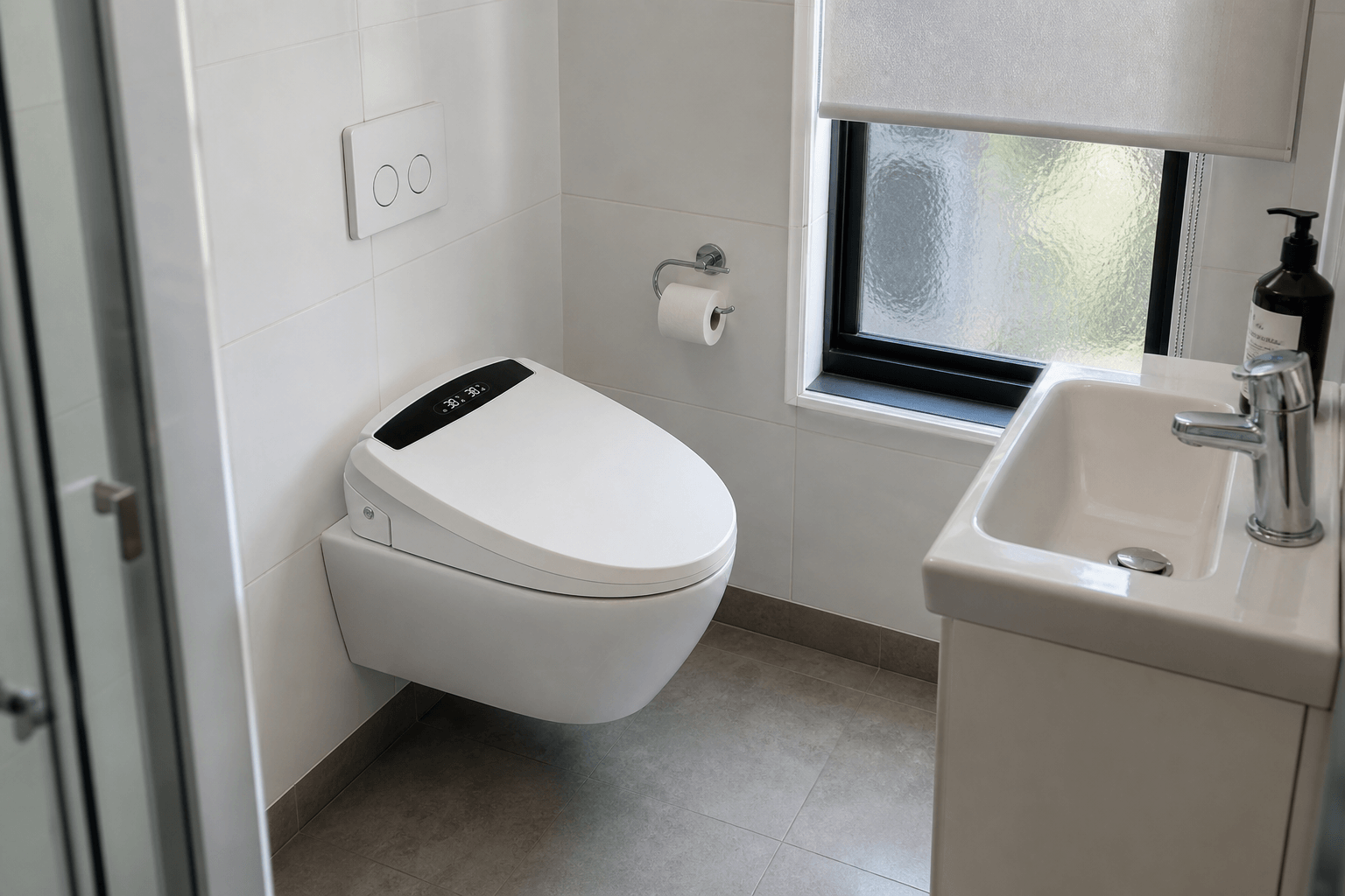 Arklyfe Smart Toilet Seat C3 — illustrative lifestyle render in a compact secondary Australian bathroom