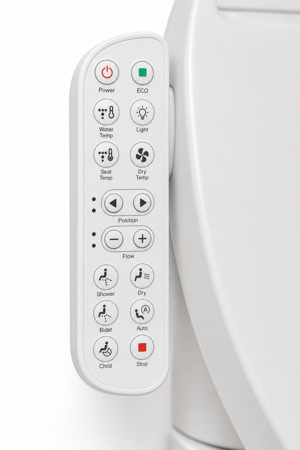 Arklyfe Smart Toilet Seat C4 — illustrative detail render of the integrated left-side control panel