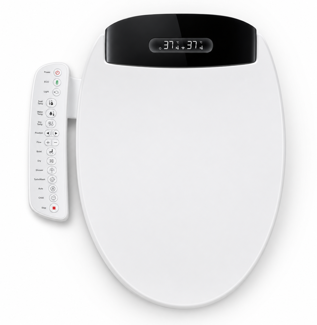 Arklyfe Smart Toilet Seat C6 — illustrative product render of the premium bidet seat with refined integrated side control panel and prominent twin LED display