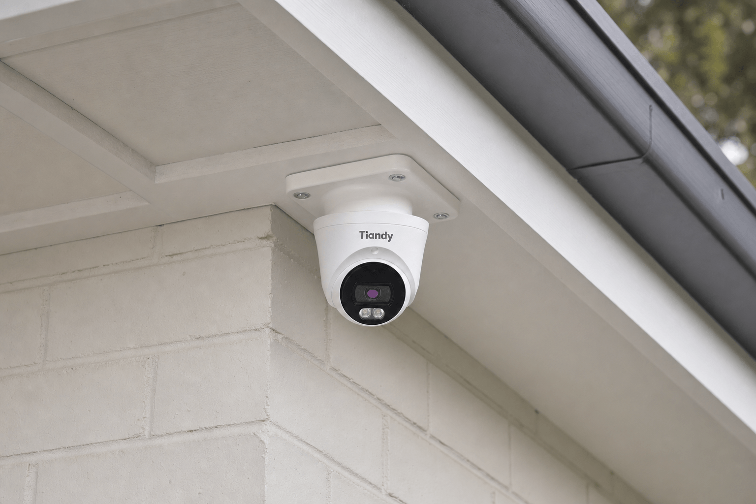 Arklyfe Starlight Guard Metal Conch 6MP — illustrative lifestyle render of the camera wall-mounted under an Australian home eave