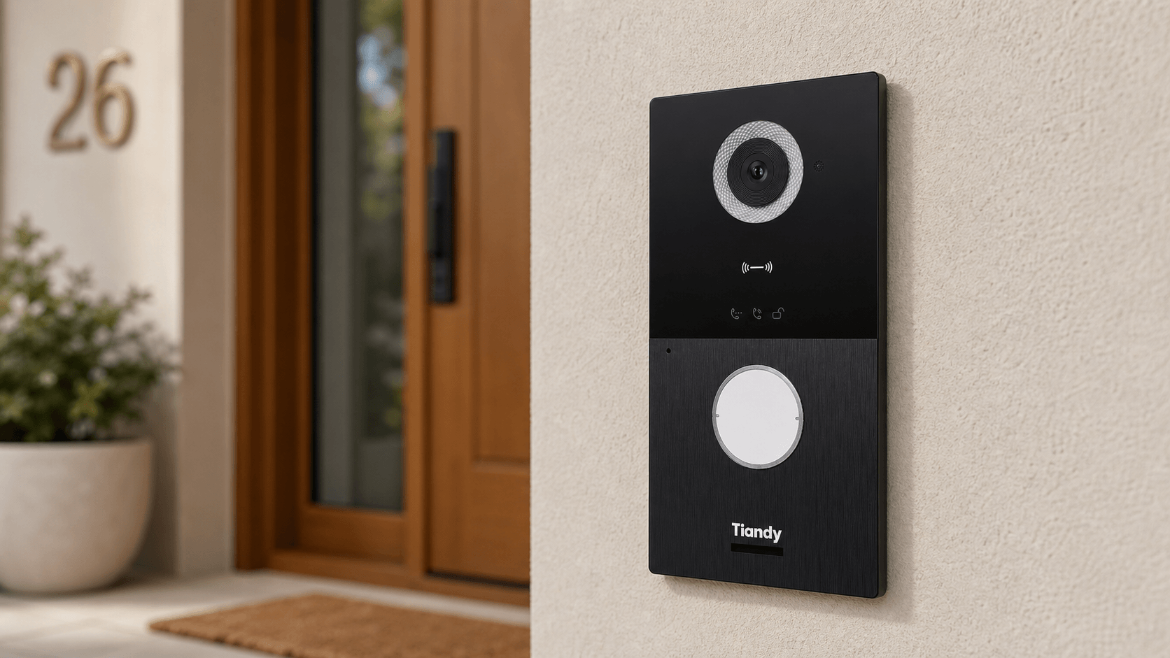 Arklyfe Video Door Intercom Kit – black PoE door station with camera and call button surface-mounted beside an Australian front entrance | Arklyfe Australia