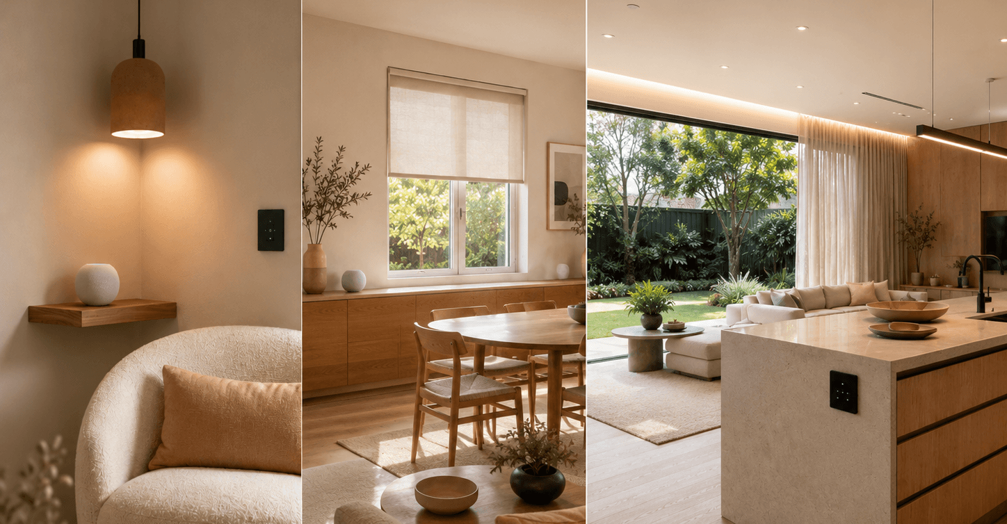 Editorial triptych of Australian smart homes — small apartment corner, suburban three-bedroom living room, and luxury new-build kitchen — sharing a warm minimalist palette