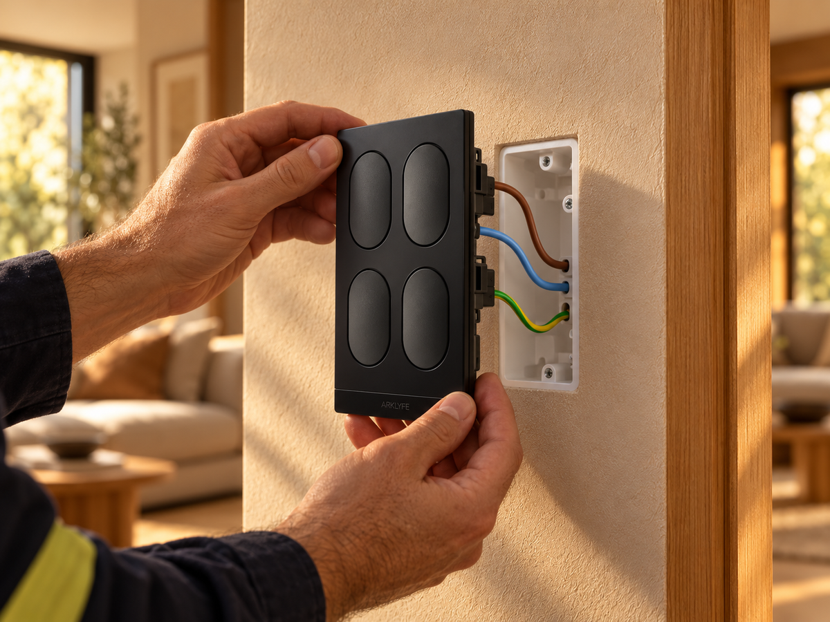 Electrician holding a black four-button Arklyfe StellarTrack switch away from a 108-type wall box, showing brown active, blue neutral and green/yellow earth wires.