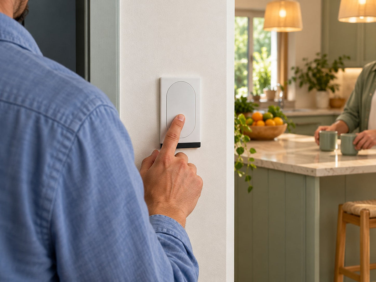 A person pressing a white single-button wall switch beside a kitchen where another household member is holding mugs.