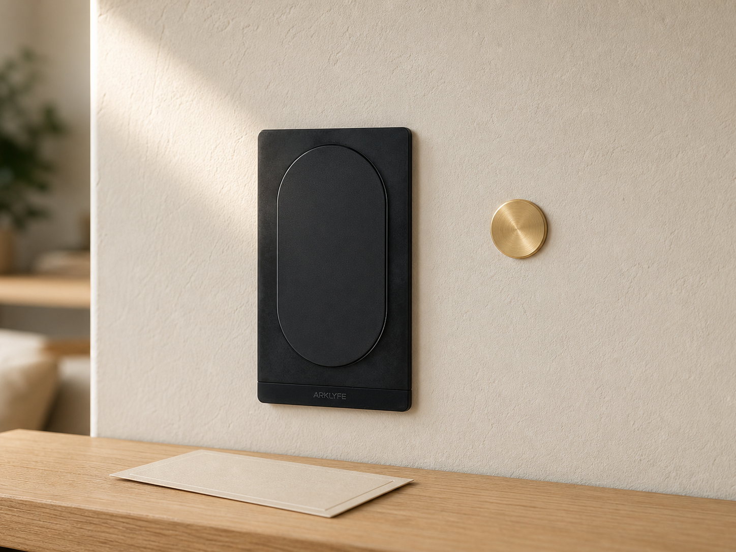 StellarTrack matte black smart switch on a warm cream Australian plaster wall with embossed gold SAA certification seal