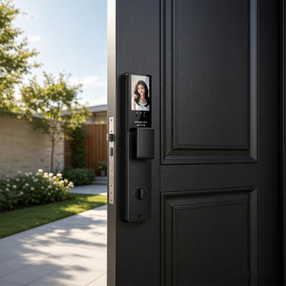 K11 smart lock installed on a dark contemporary entry door
