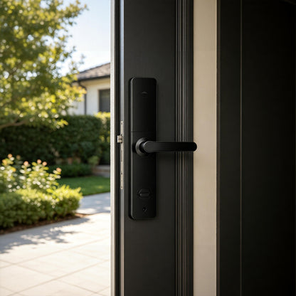 TTS-06 Bluetooth smart lever lock installed on a sheltered dark entry door