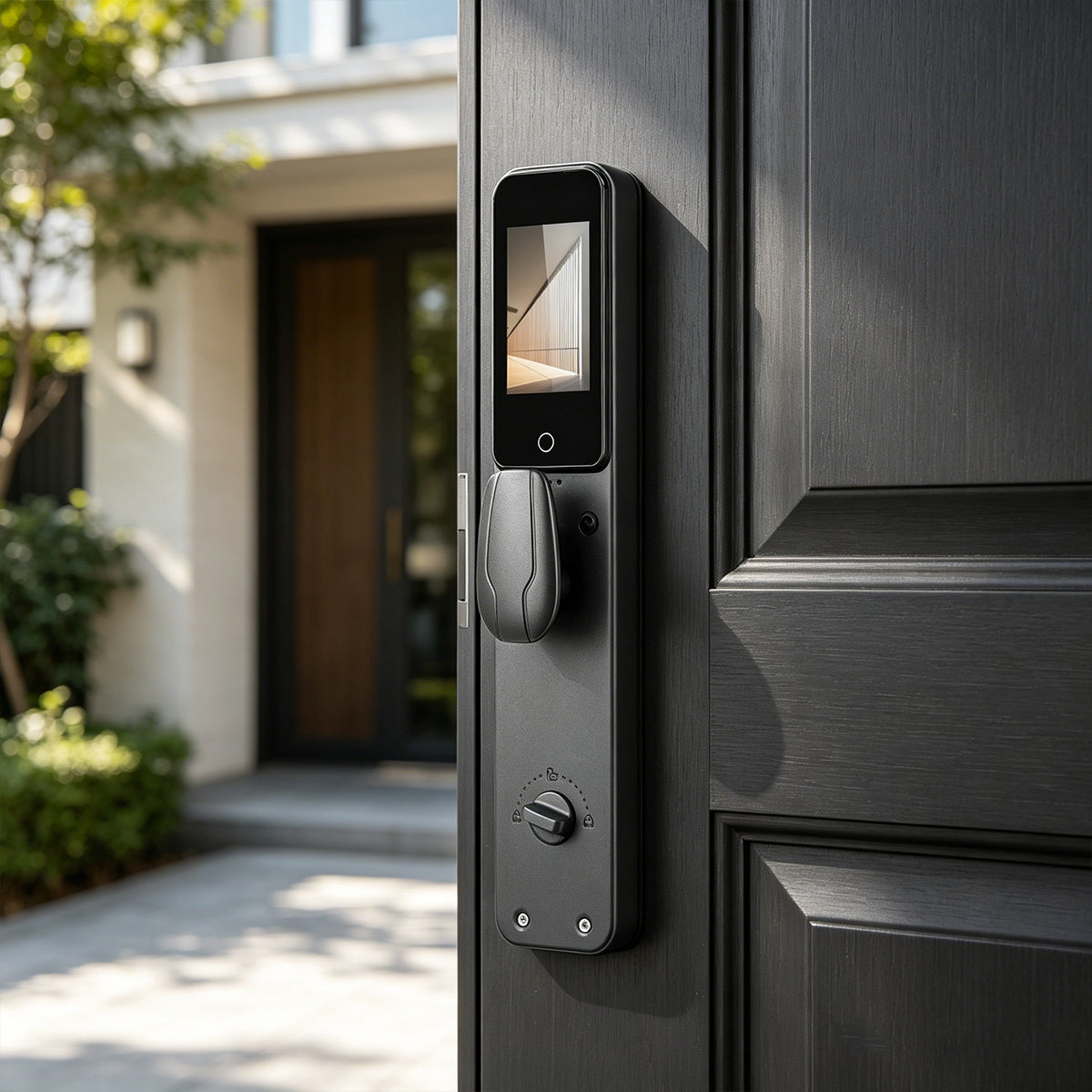 M20 smart lock installed on a dark contemporary entry door