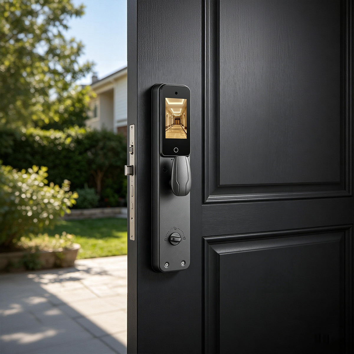 M30 smart lock installed on a dark contemporary entry door