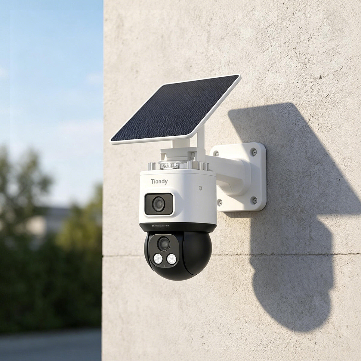 TC-H383C 4MP Outdoor Camera with solar panel shown in an exterior wall installation
