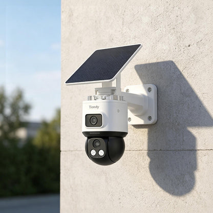 TC-H383C 4MP Outdoor Camera with solar panel shown in an exterior wall installation