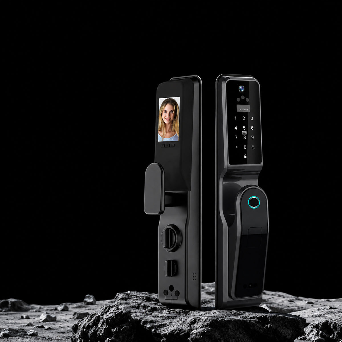 JINK Door Lock P8 exterior and interior assemblies on a dark architectural background