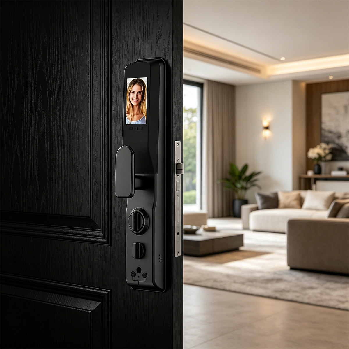 JINK Door Lock P8 interior panel installed on a black residential entrance door