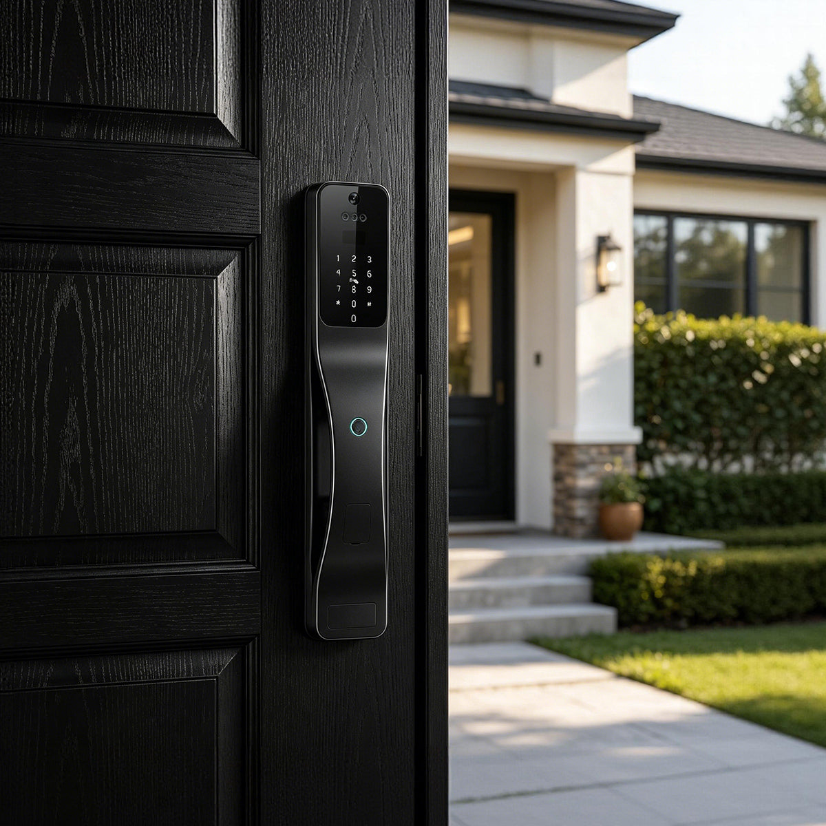 JINK Lock Pro exterior panel installed on a black residential entrance door