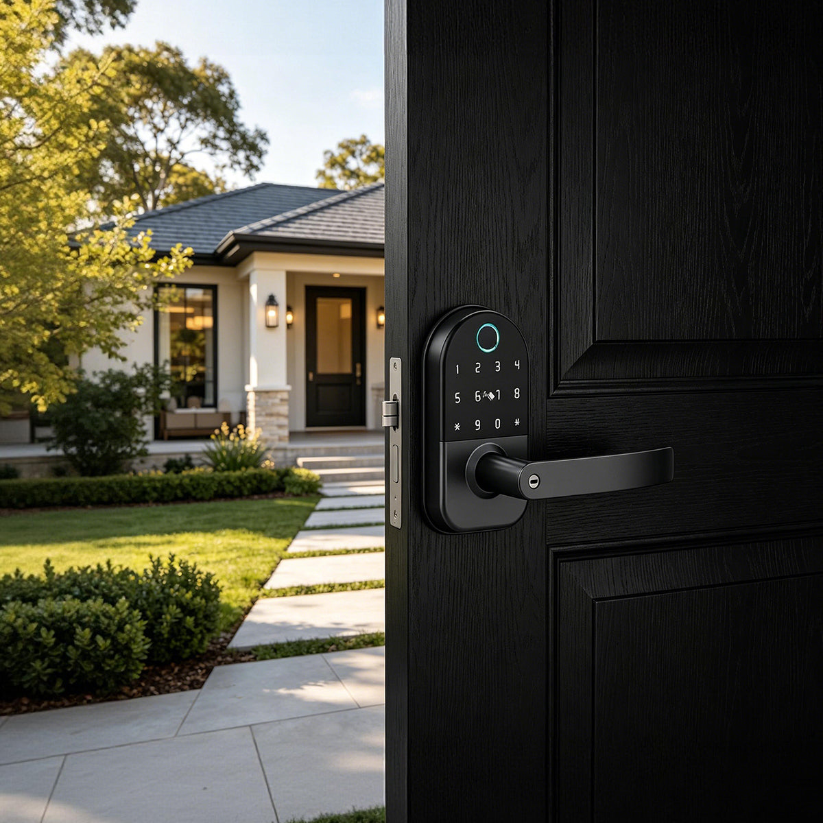 JINK Lock Air installed on the exterior side of a black residential entrance door