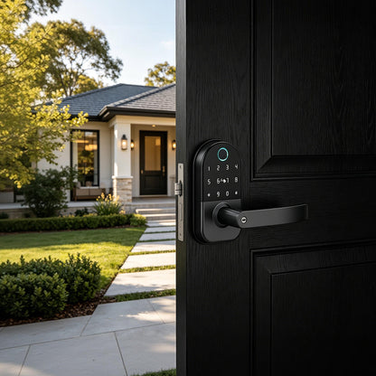 JINK Lock Air installed on the exterior side of a black residential entrance door