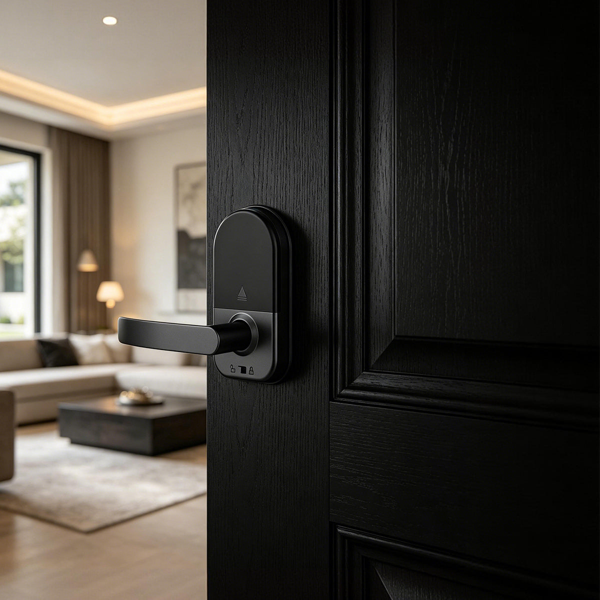 JINK Lock Air interior lever installed on a black residential entrance door