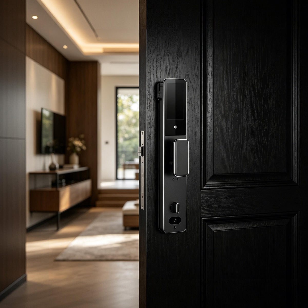 JINK Lock Pro interior panel installed on a black residential entrance door