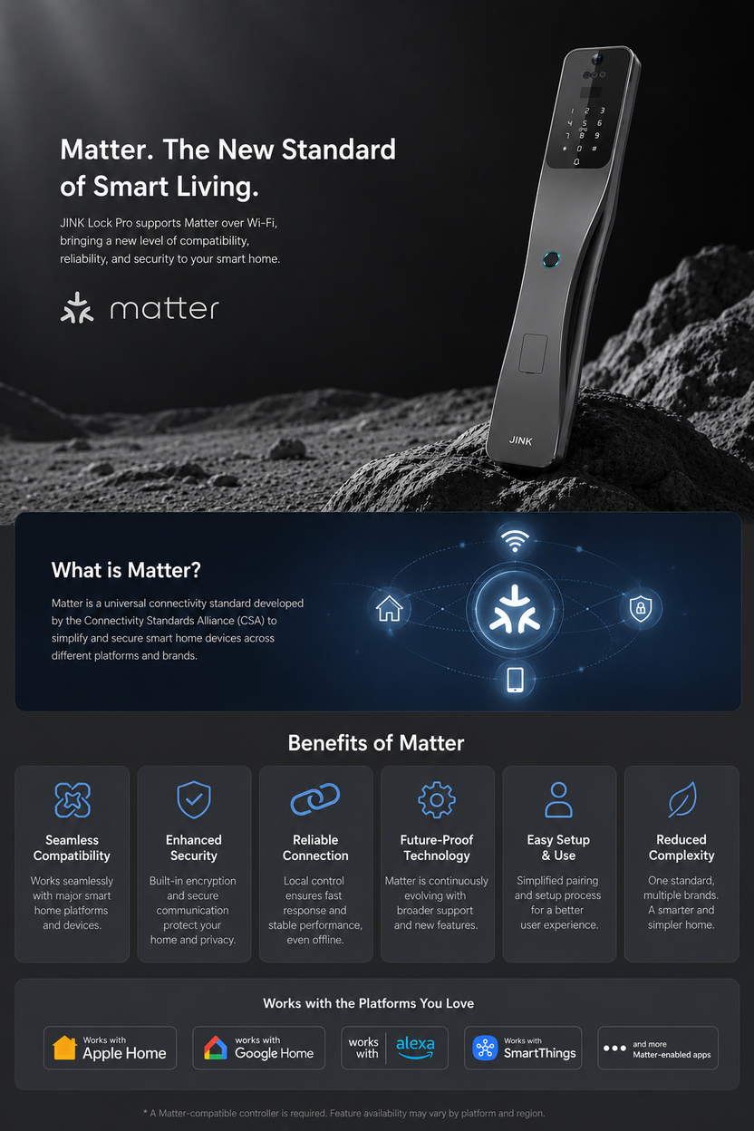 JINK Lock Pro Matter promotional graphic on a dark background