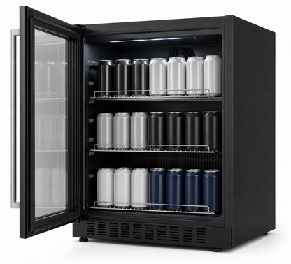 Arklyfe ATLAN Under Counter Beverage Cooler — illustrative detail render of the open door showing 3 chrome wire shelves stacked with cans