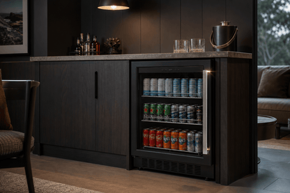 Arklyfe ATLAN Under Counter Beverage Cooler — illustrative lifestyle render in a contemporary Australian entertaining bar