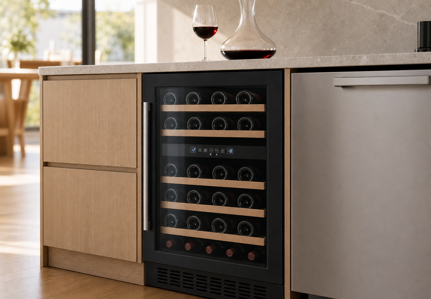 Arklyfe ATLAN Dual Zone Under Counter Wine Cooler — illustrative lifestyle render integrated under a contemporary Australian kitchen benchtop