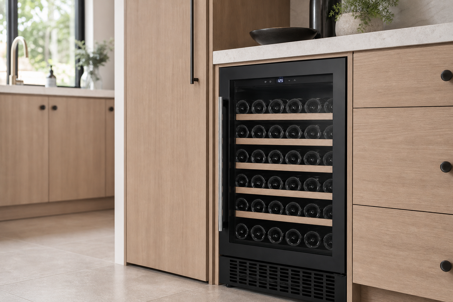 Arklyfe ATLAN Single Zone Wine Cooler — illustrative lifestyle render in a butler's pantry / wine nook