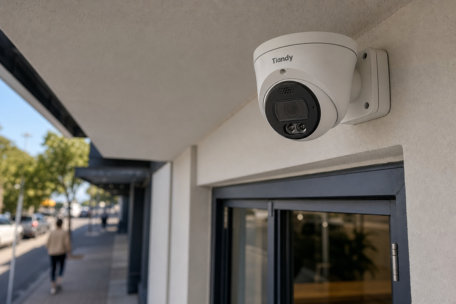 Arklyfe Starlight Guard Metal Conch 8MP — illustrative lifestyle render of the camera installed above an Australian small commercial premises entry