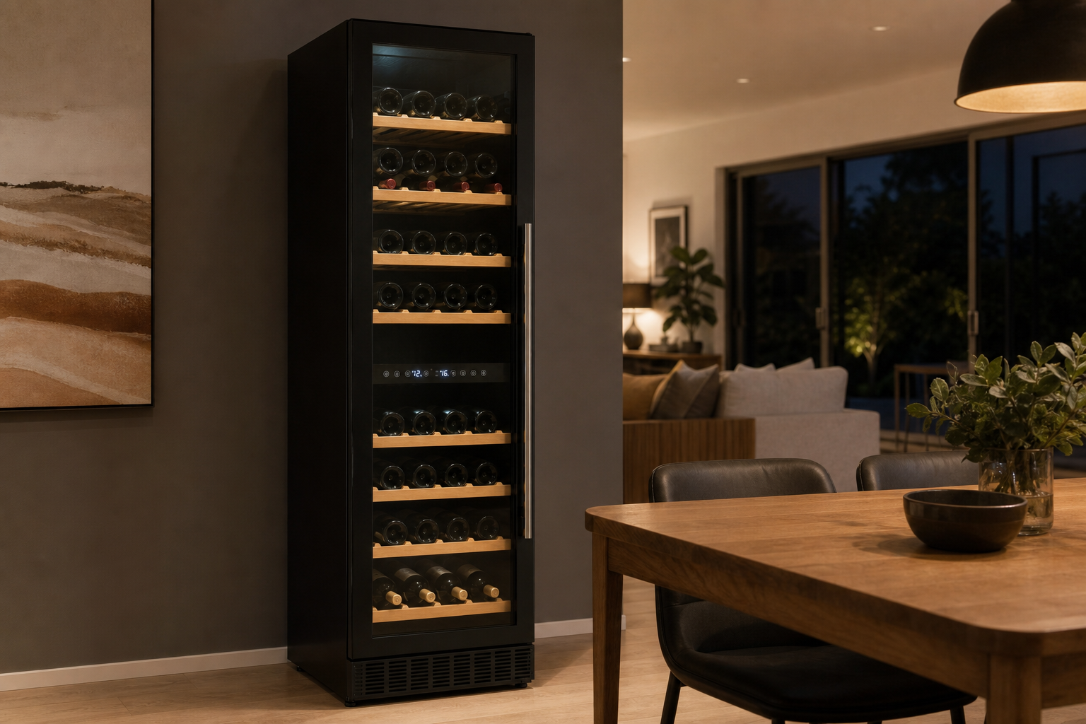 Arklyfe Large Capacity Dual Zone Wine Cooler — illustrative lifestyle render in a contemporary Australian living-and-dining room